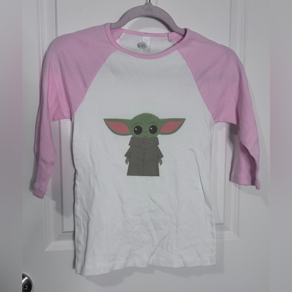 Bella Canvas Baby Yoda Grogu Pink and White Long Sleeve Tee-Small